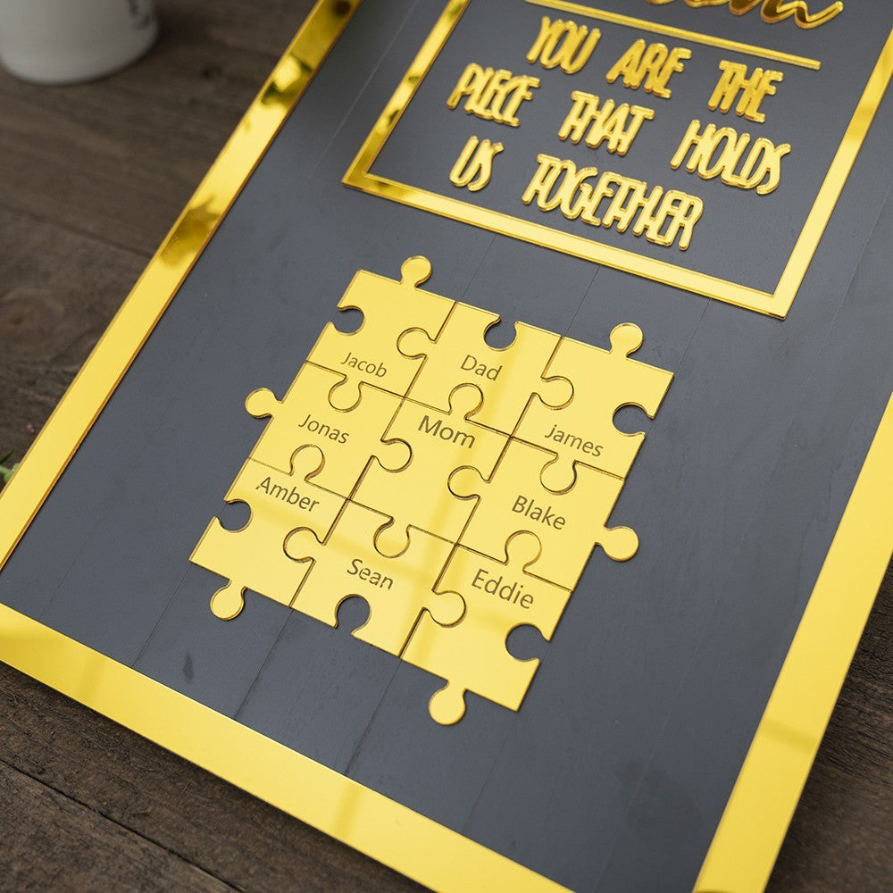 New Arrival — "Mom, You Are the Piece That Keeps Us Closely Connected" Gold Wooden Puzzle Piece