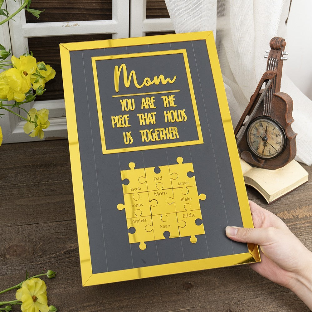 New Arrival — "Mom, You Are the Piece That Keeps Us Closely Connected" Gold Wooden Puzzle Piece