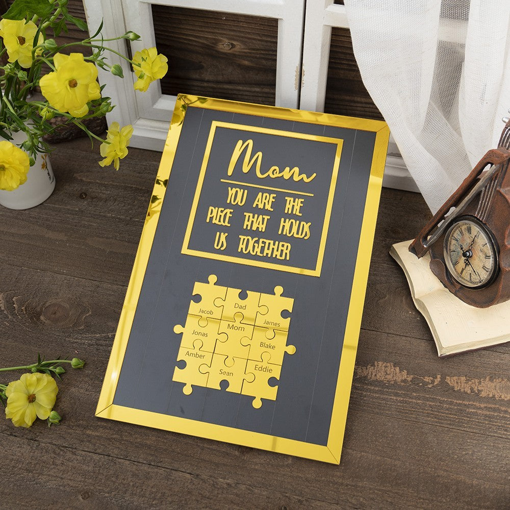 New Arrival — "Mom, You Are the Piece That Keeps Us Closely Connected" Gold Wooden Puzzle Piece