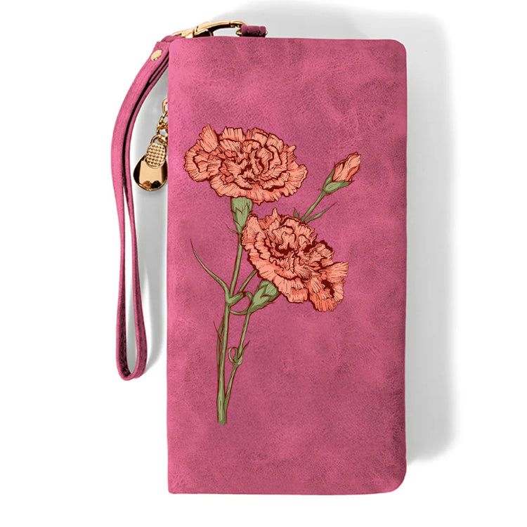 Custom Name Watercolor Birth Flower Tri-Fold Wristlet Wallet & Leather Card Holder — Mother's Day Gift For Mom