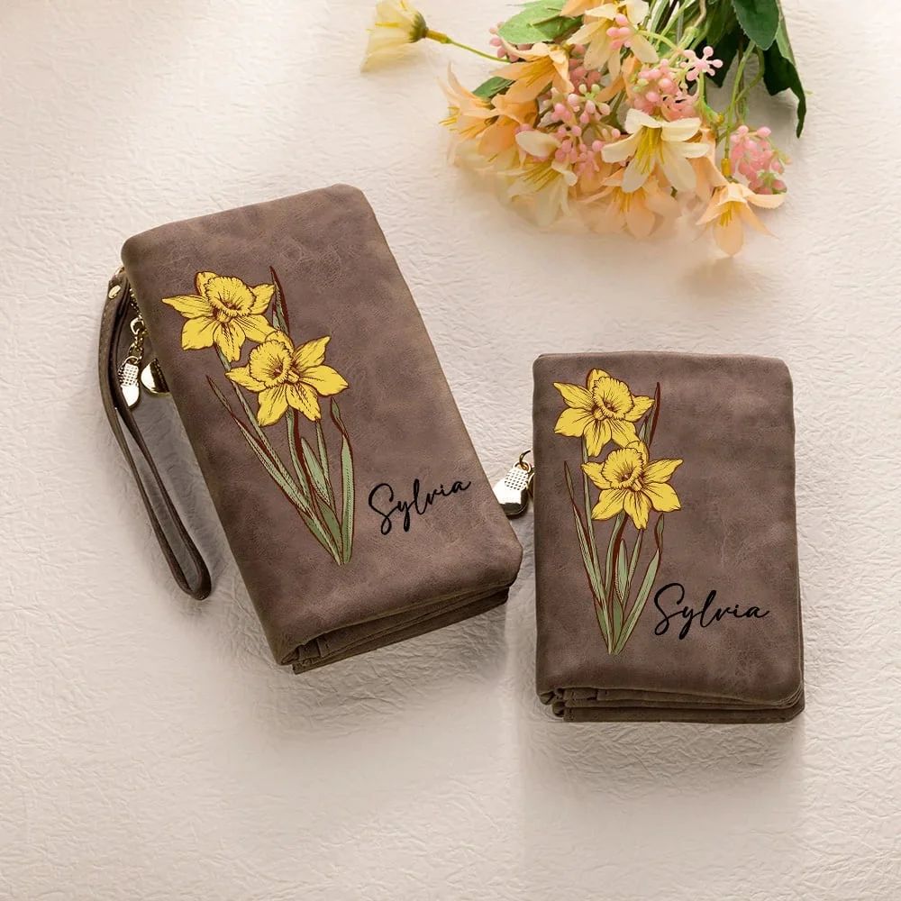 Custom Name Watercolor Birth Flower Tri-Fold Wristlet Wallet & Leather Card Holder — Mother's Day Gift For Mom