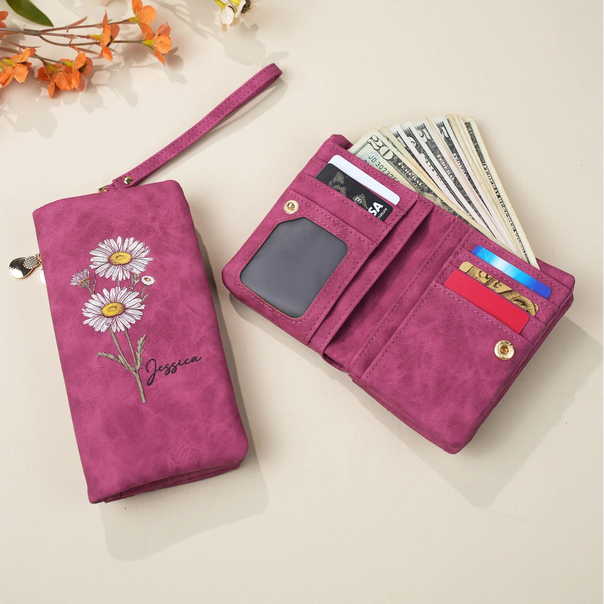Custom Name Watercolor Birth Flower Tri-Fold Wristlet Wallet & Leather Card Holder — Mother's Day Gift For Mom