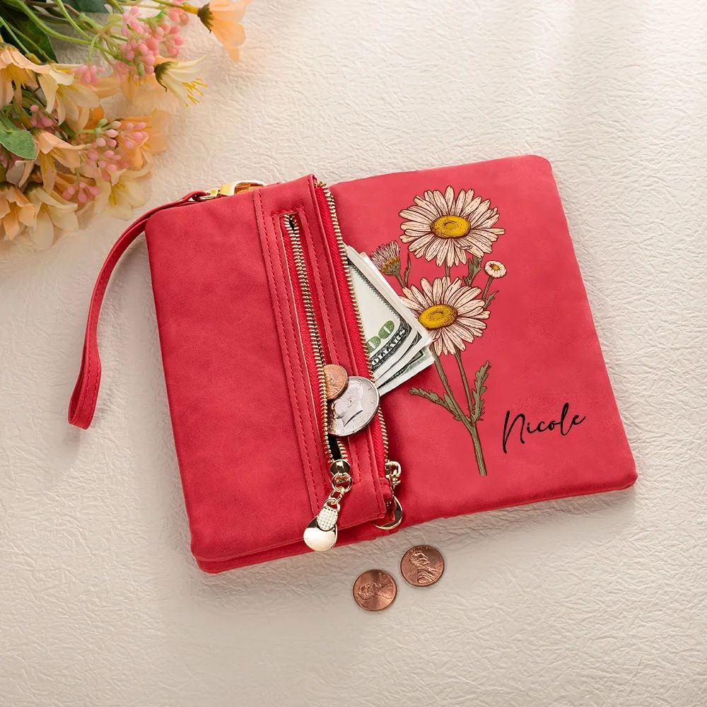 Custom Name Watercolor Birth Flower Tri-Fold Wristlet Wallet & Leather Card Holder — Mother's Day Gift For Mom