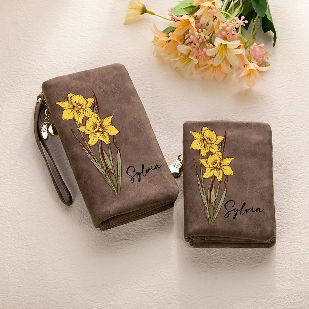 Custom Name Watercolor Birth Flower Tri-Fold Wristlet Wallet & Leather Card Holder — Mother's Day Gift For Mom