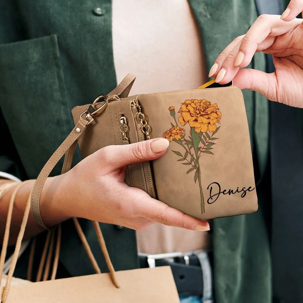 Custom Name Watercolor Birth Flower Tri-Fold Wristlet Wallet & Leather Card Holder — Mother's Day Gift For Mom