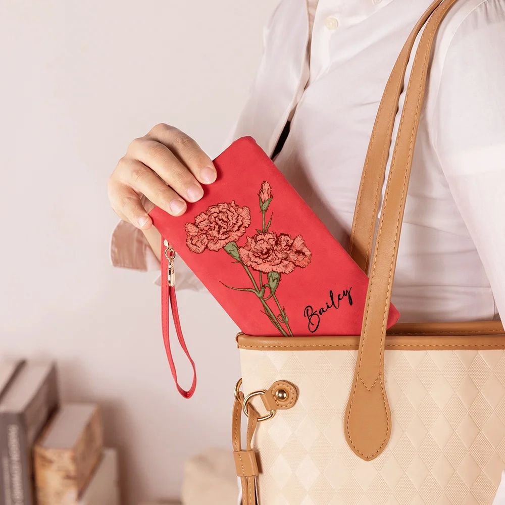 Custom Name Watercolor Birth Flower Tri-Fold Wristlet Wallet & Leather Card Holder — Mother's Day Gift For Mom