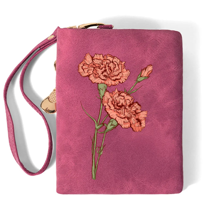 Custom Name Watercolor Birth Flower Tri-Fold Wristlet Wallet & Leather Card Holder — Mother's Day Gift For Mom