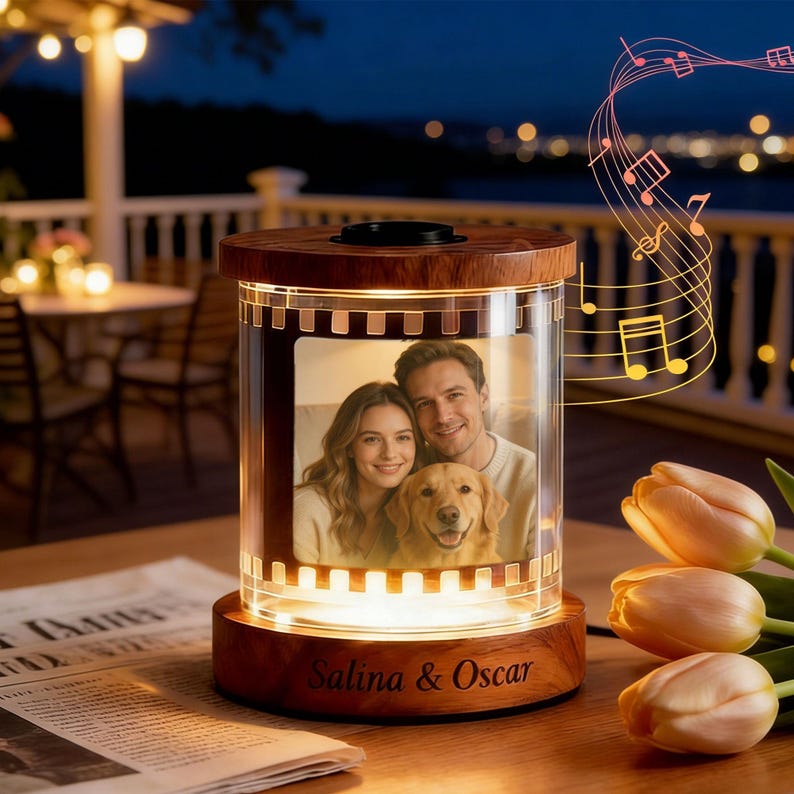 Custom Photo Rotating Frame With Warm Light, Film-Style Night Light With Text & Music – Gift For Couples, Mom, Mother’S Day Keepsake