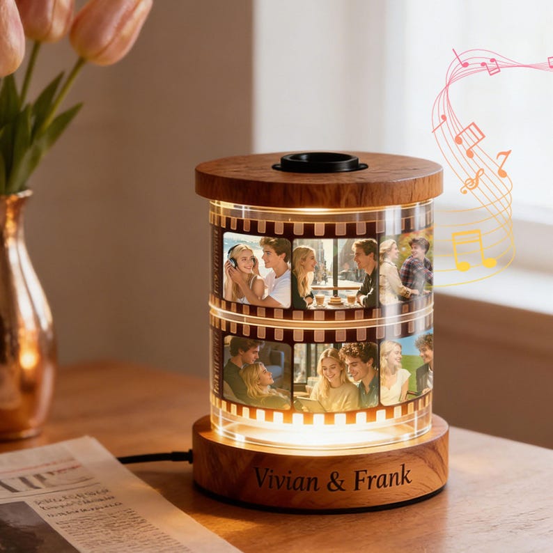 Custom Photo Rotating Frame With Warm Light, Film-Style Night Light With Text & Music – Gift For Couples, Mom, Mother’S Day Keepsake