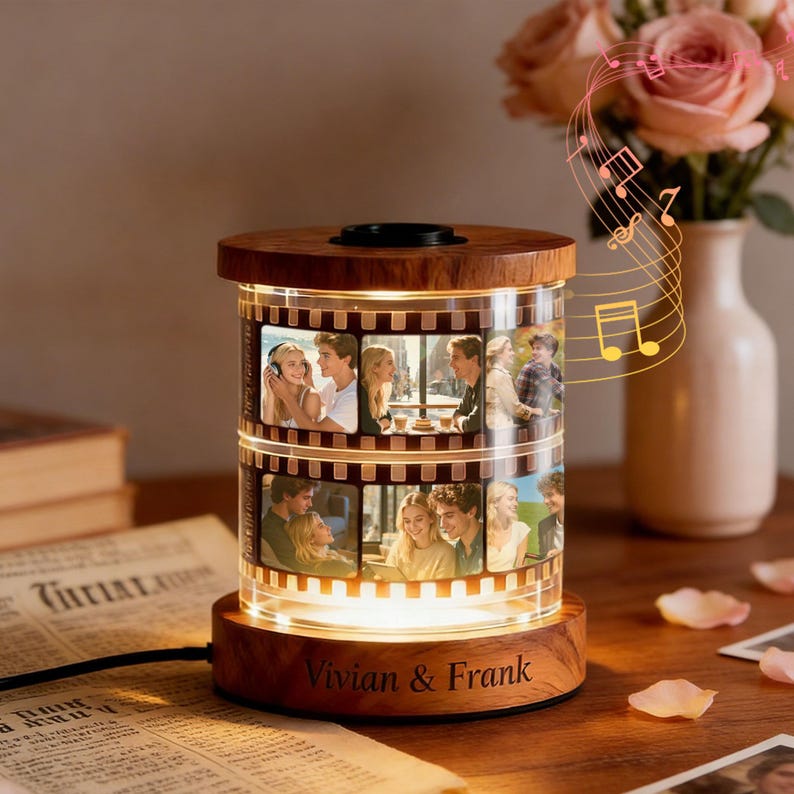 Custom Photo Rotating Frame With Warm Light, Film-Style Night Light With Text & Music – Gift For Couples, Mom, Mother’S Day Keepsake
