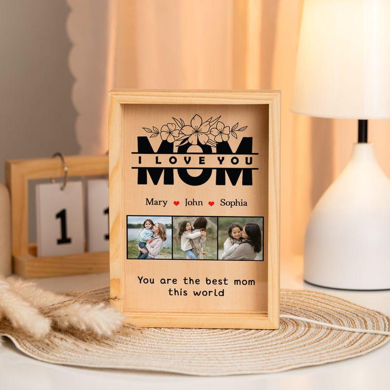 Personalized Photo Light Box: Custom Mom Desk Decor, Pine Wood Frame