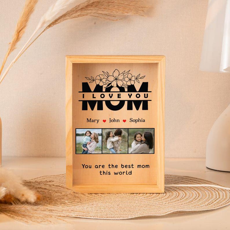 Personalized Photo Light Box: Custom Mom Desk Decor, Pine Wood Frame