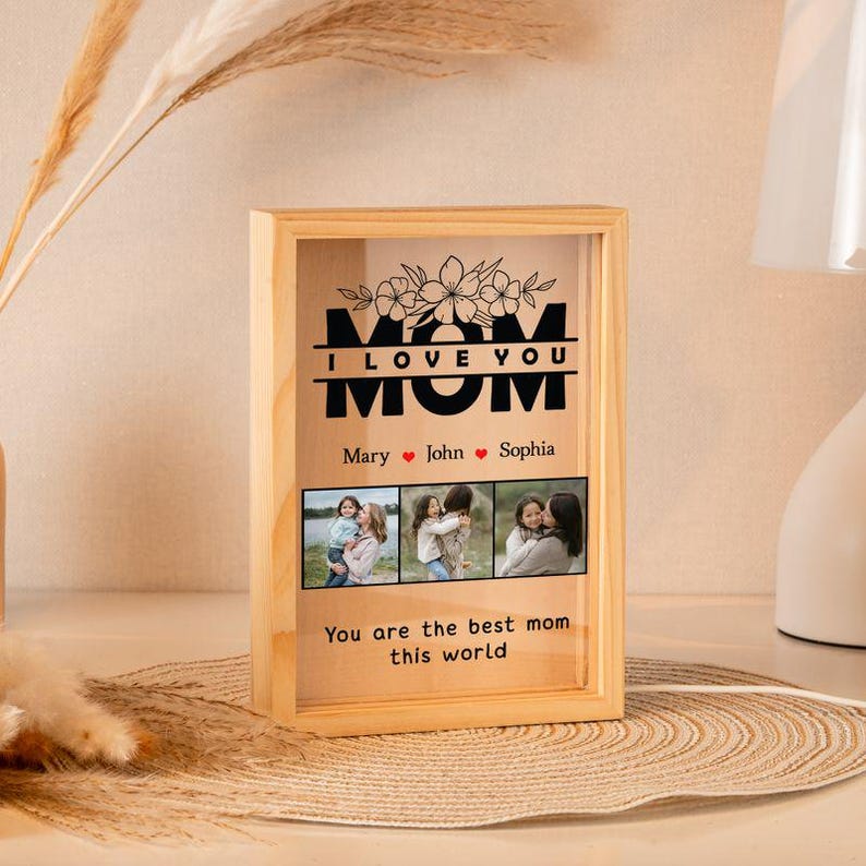 Personalized Photo Light Box: Custom Mom Desk Decor, Pine Wood Frame