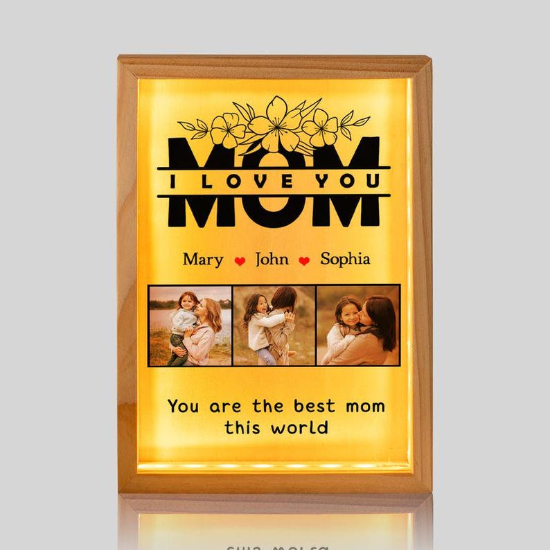 Personalized Photo Light Box: Custom Mom Desk Decor, Pine Wood Frame