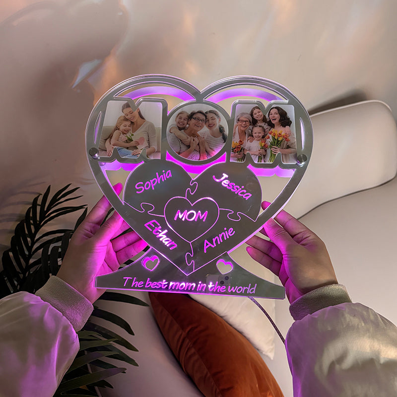 Customized Mom Color Photo Jigsaw Family Name Mirror Light
