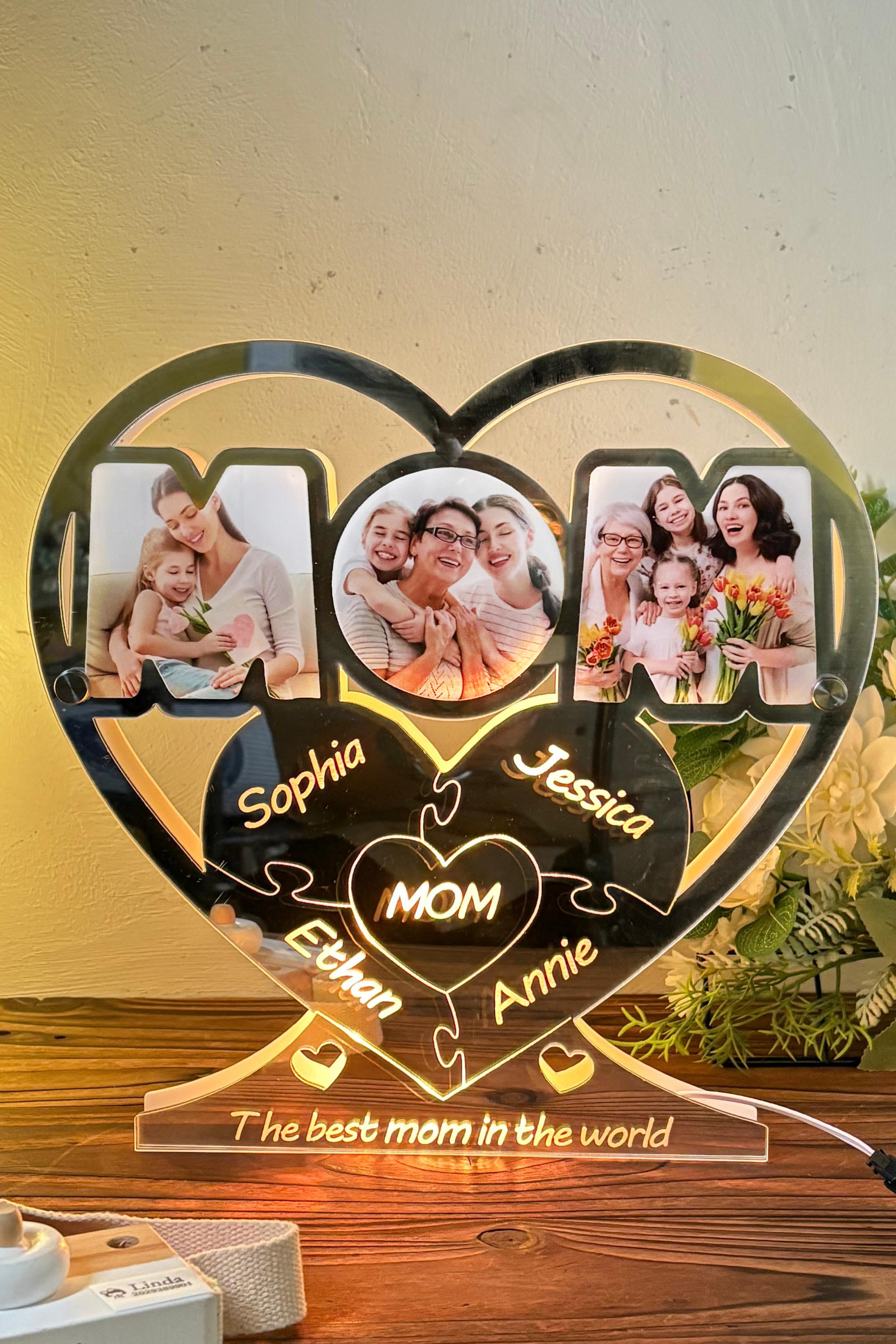 Customized Mom Color Photo Jigsaw Family Name Mirror Light