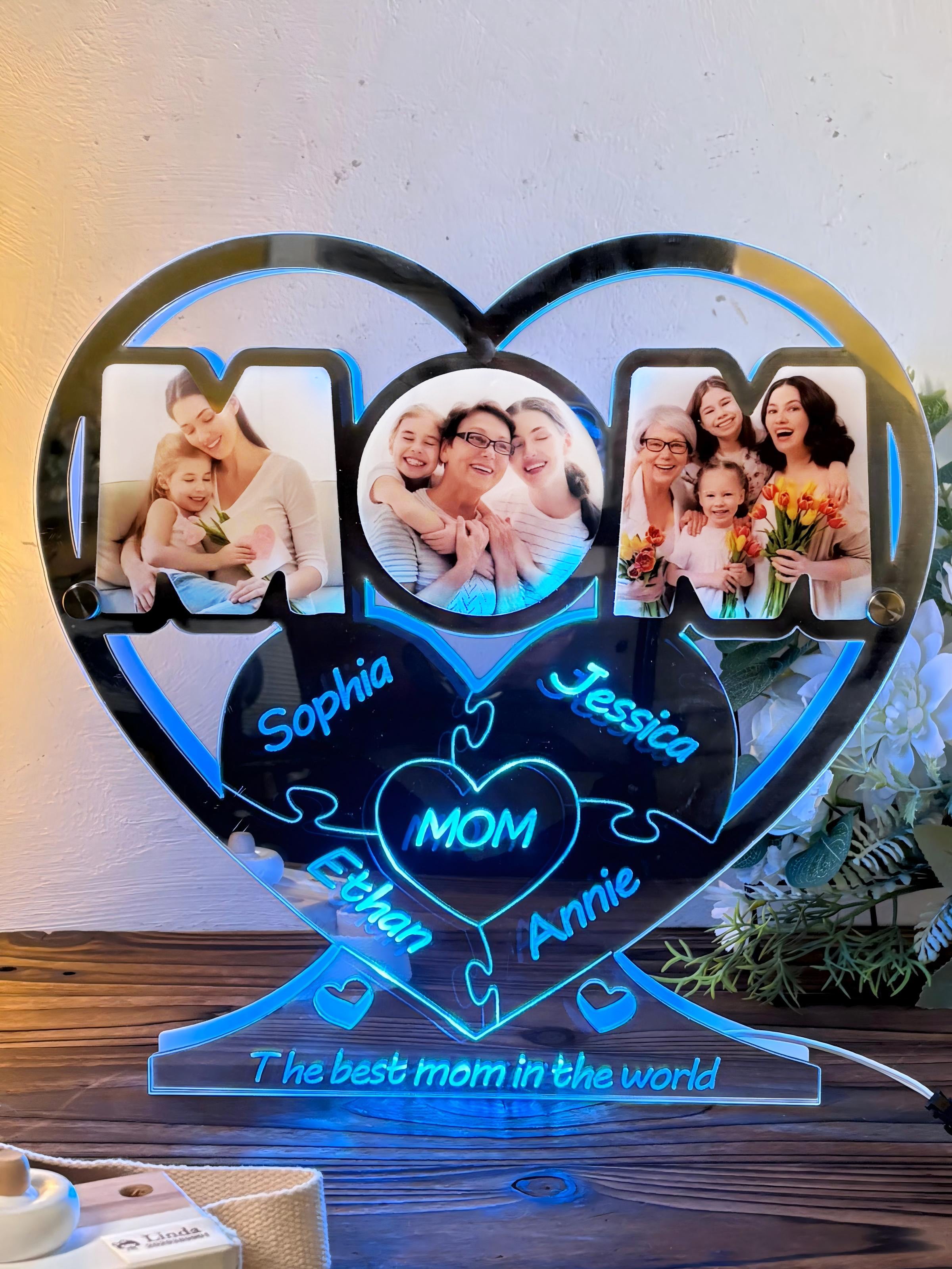 Customized Mom Color Photo Jigsaw Family Name Mirror Light
