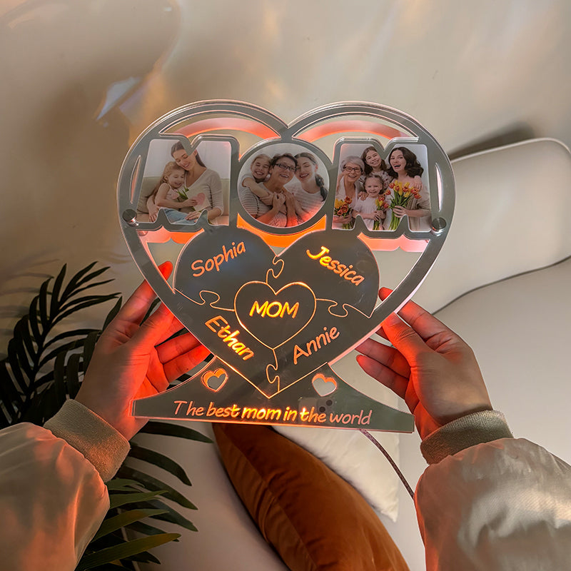 Customized Mom Color Photo Jigsaw Family Name Mirror Light