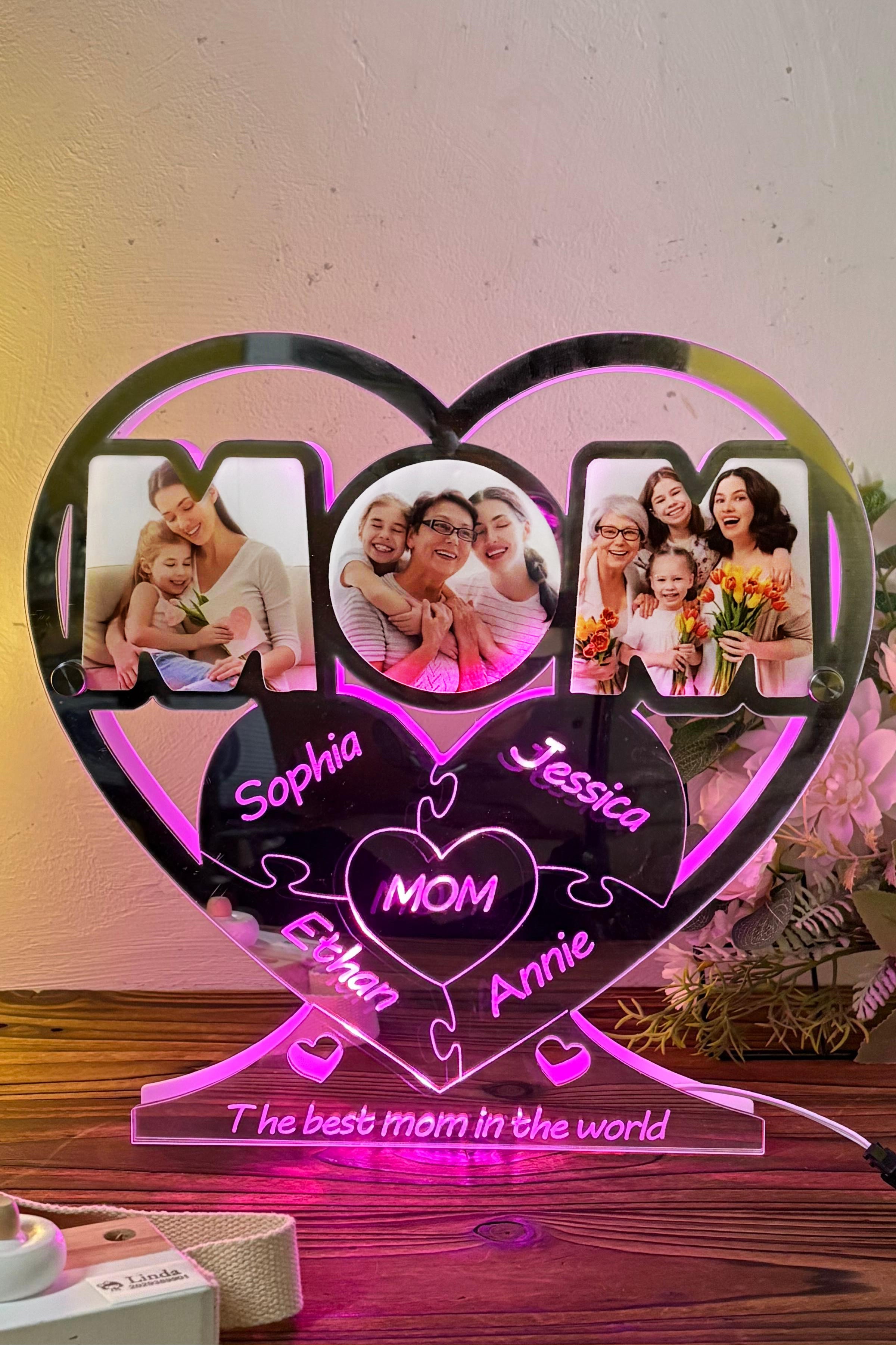 Customized Mom Color Photo Jigsaw Family Name Mirror Light