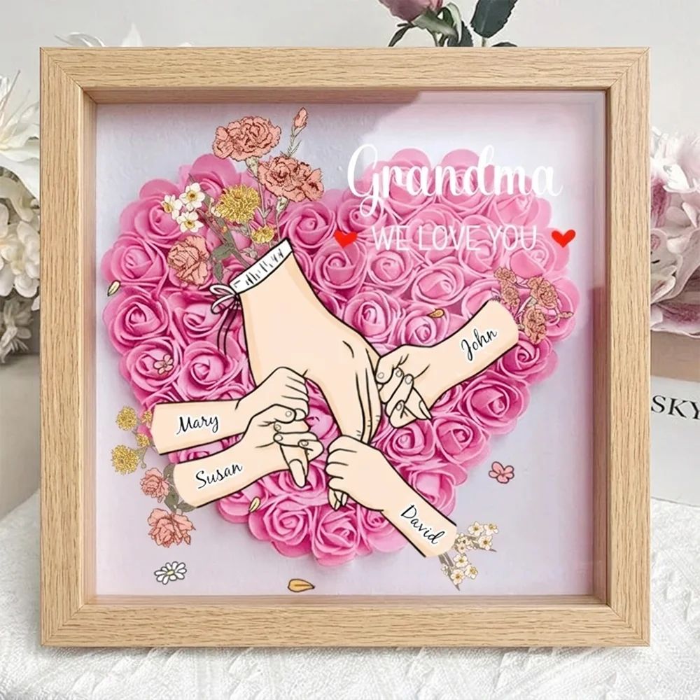 Family Love Blooms – Personalized Flower Shadow Box with Names & Birth Flowers Mother's Day Gift
