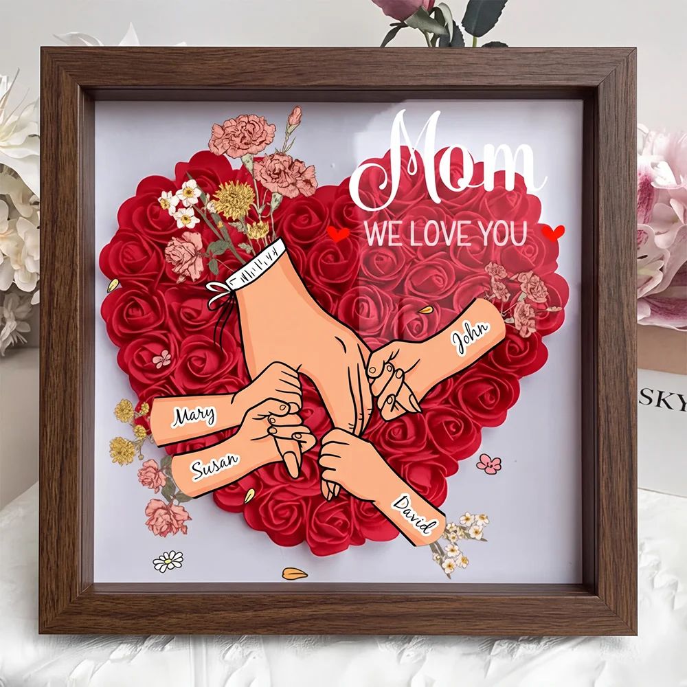 Family Love Blooms – Personalized Flower Shadow Box with Names & Birth Flowers Mother's Day Gift