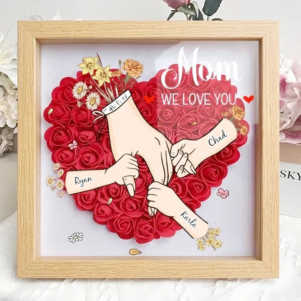 Family Love Blooms – Personalized Flower Shadow Box with Names & Birth Flowers Mother's Day Gift