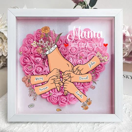Family Love Blooms – Personalized Flower Shadow Box with Names & Birth Flowers Mother's Day Gift