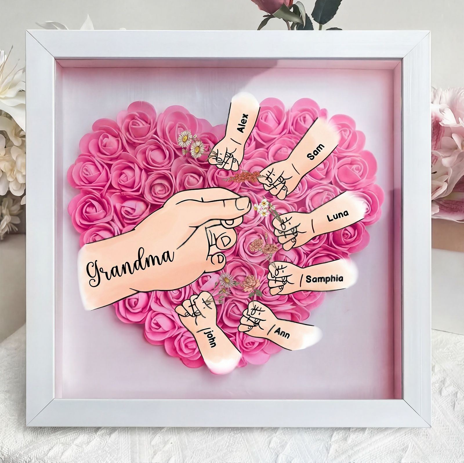 Personalized Birth Flower & Name Shadow Box — Exclusive "Hand-in-Hand" Family Keepsake Frame: A Perfect Mother's Day Gift