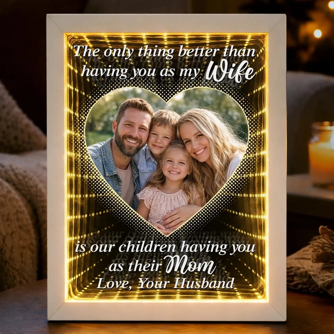 Custom Photo Infinity Mirror Light Box – Personalized LED Frame Gift for Mom, “In Your Eyes I See Eternity” Anniversary & Mother’s Day Gift