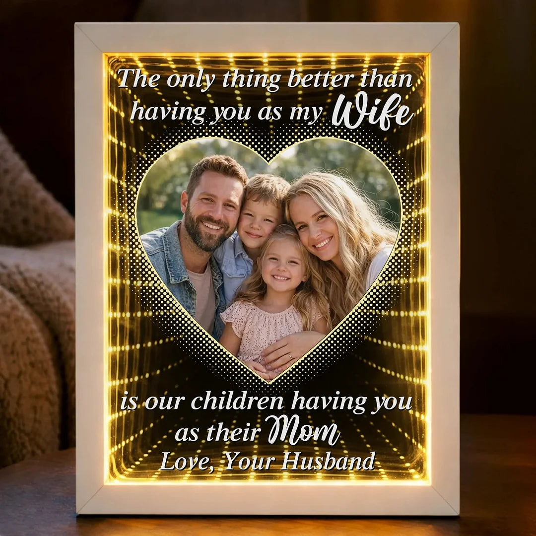 Custom Photo Infinity Mirror Light Box – Personalized LED Frame Gift for Mom, “In Your Eyes I See Eternity” Anniversary & Mother’s Day Gift
