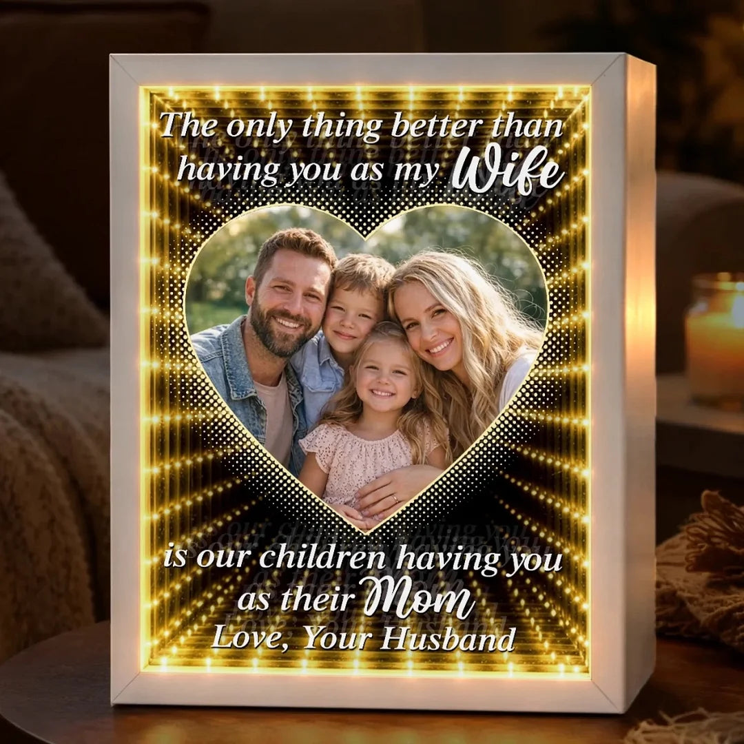 Custom Photo Infinity Mirror Light Box – Personalized LED Frame Gift for Mom, “In Your Eyes I See Eternity” Anniversary & Mother’s Day Gift