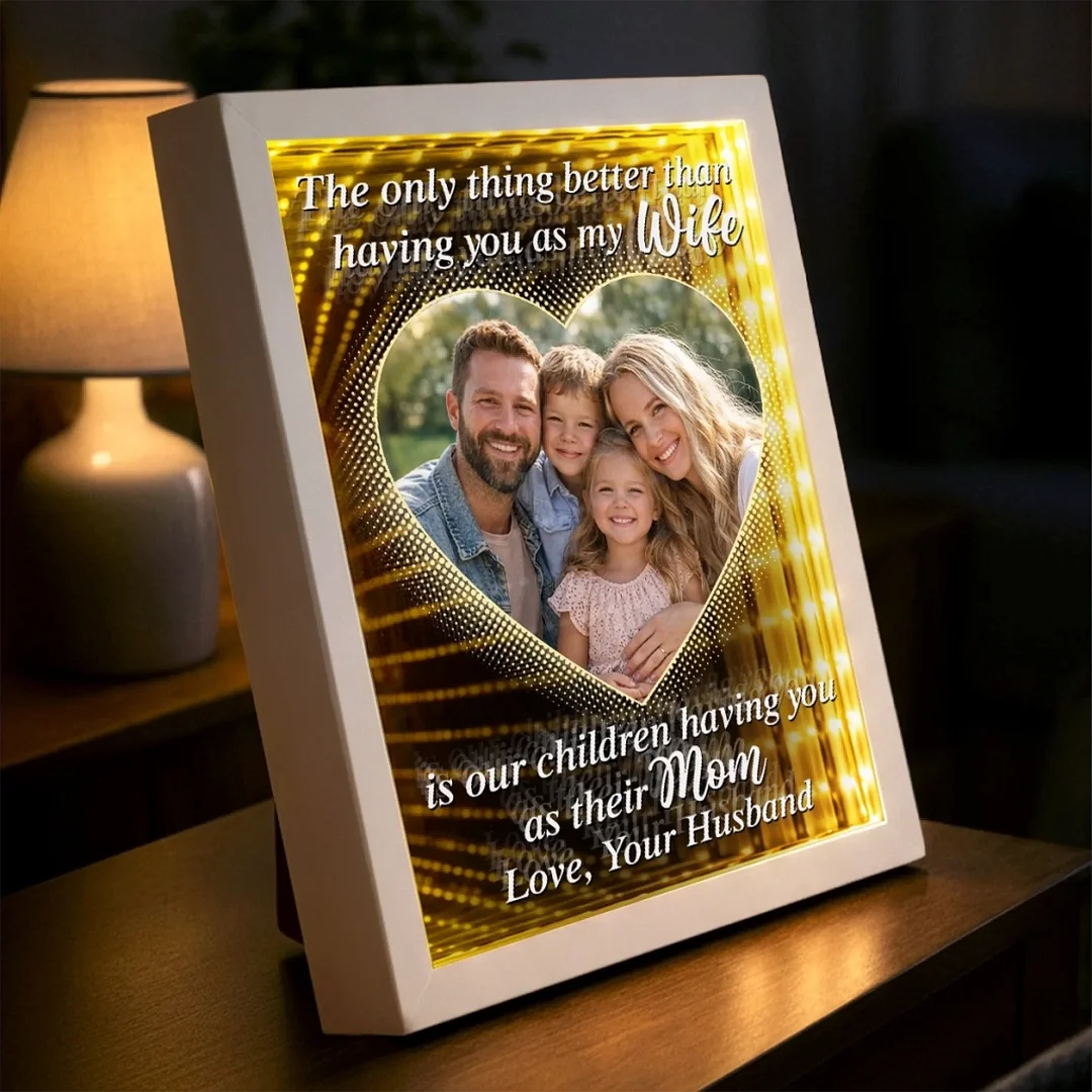 Custom Photo Infinity Mirror Light Box – Personalized LED Frame Gift for Mom, “In Your Eyes I See Eternity” Anniversary & Mother’s Day Gift