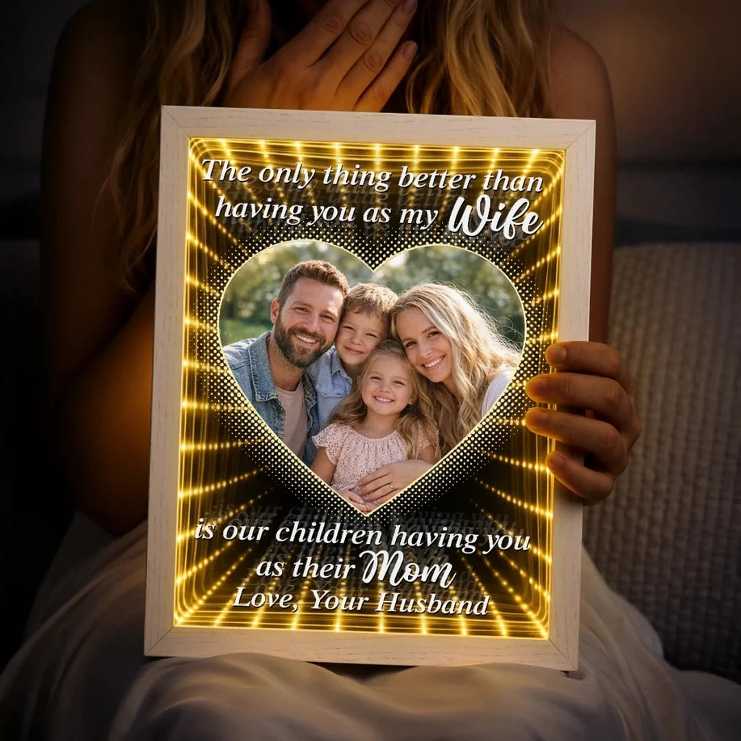 Custom Photo Infinity Mirror Light Box – Personalized LED Frame Gift for Mom, “In Your Eyes I See Eternity” Anniversary & Mother’s Day Gift