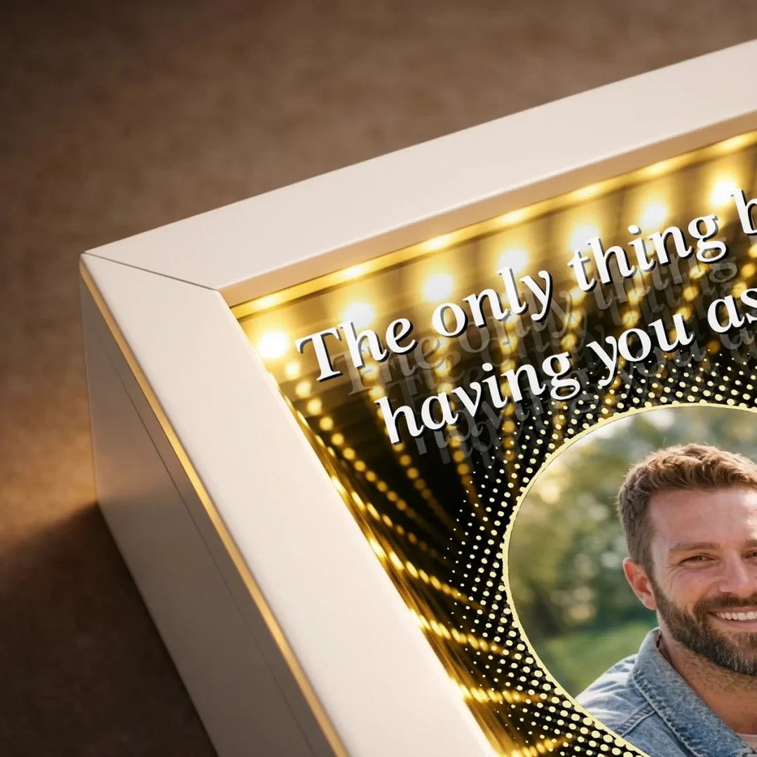 Custom Photo Infinity Mirror Light Box – Personalized LED Frame Gift for Mom, “In Your Eyes I See Eternity” Anniversary & Mother’s Day Gift