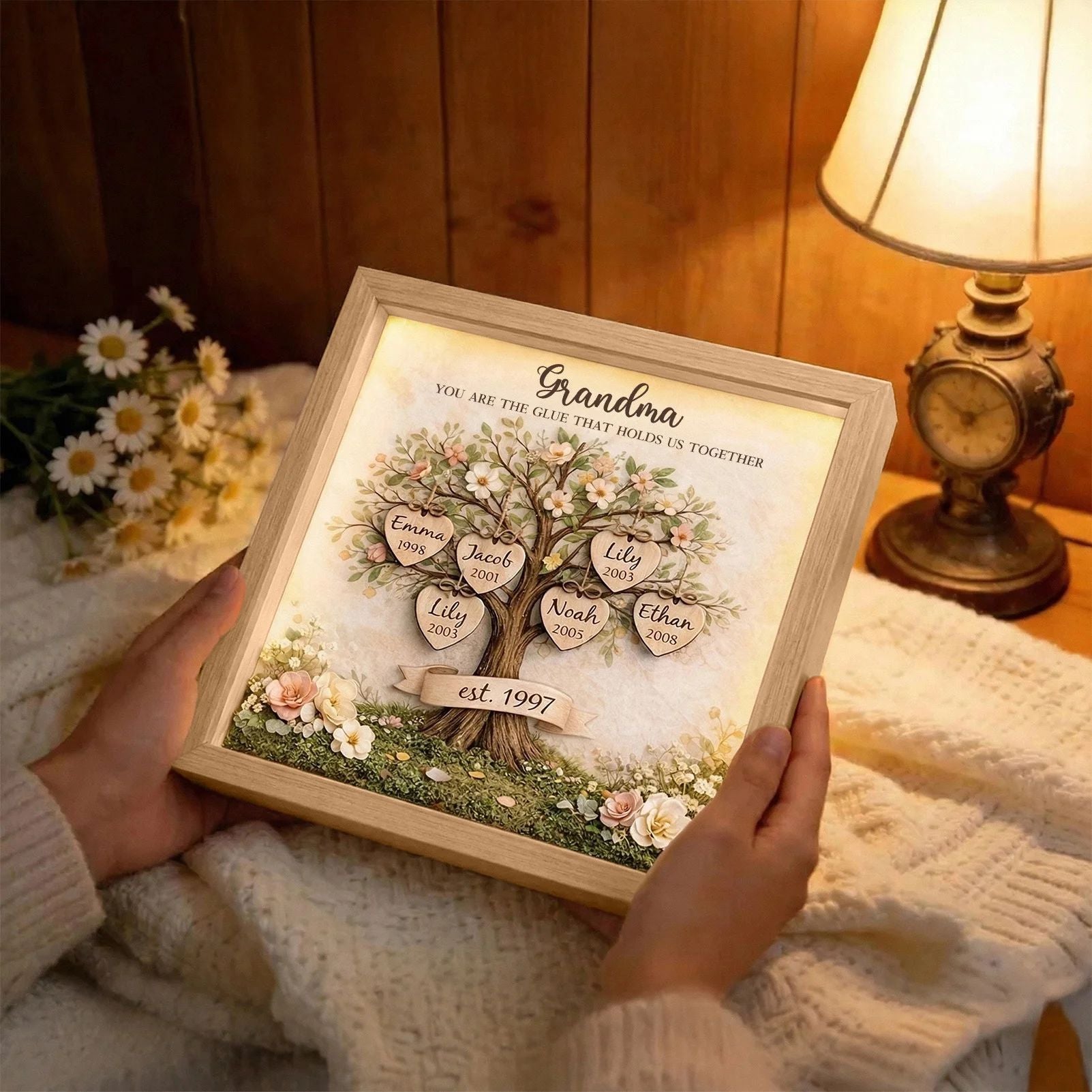 Custom Mom Family Tree With Kids' Names Birth Years LED Light Shadow Box