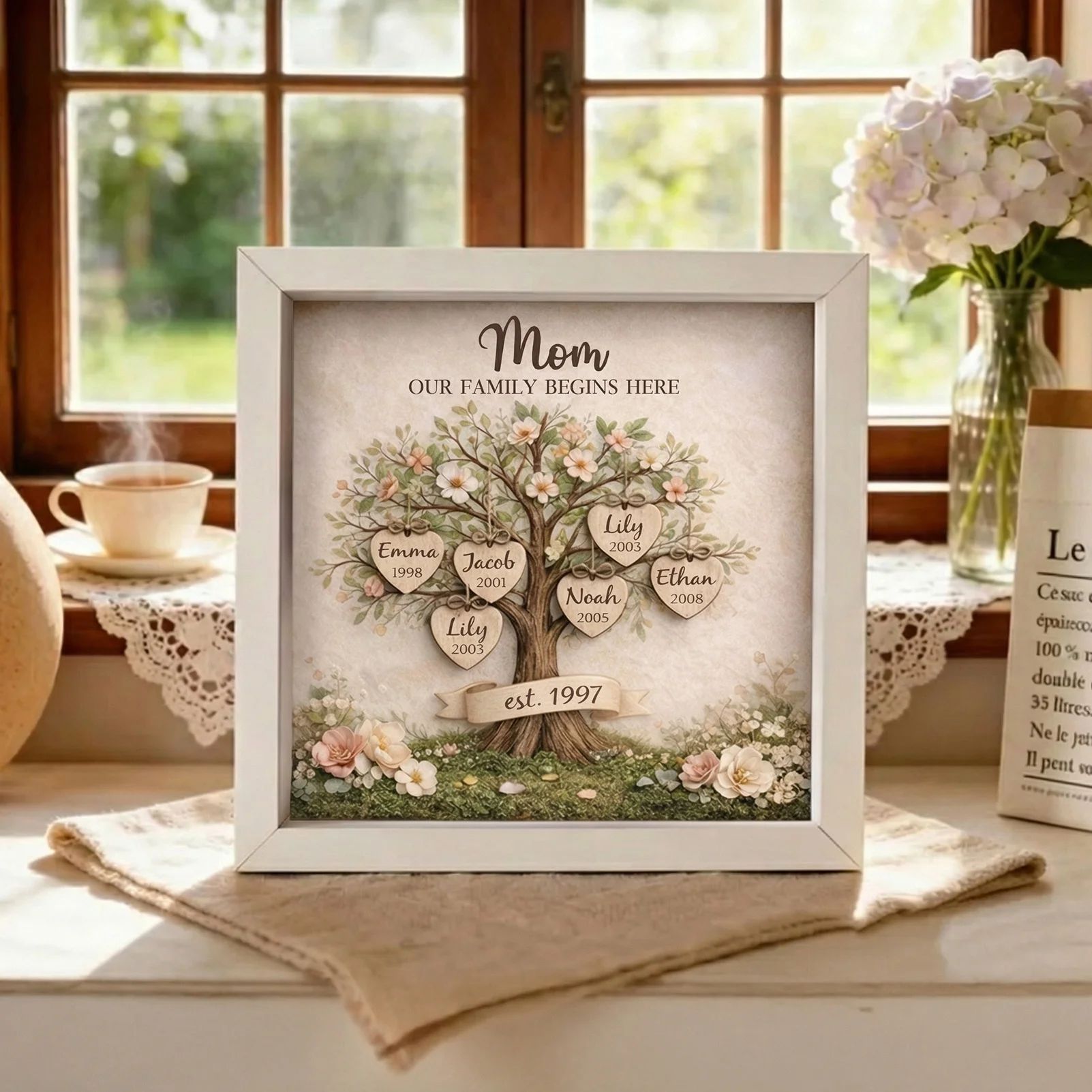 Custom Mom Family Tree With Kids' Names Birth Years LED Light Shadow Box
