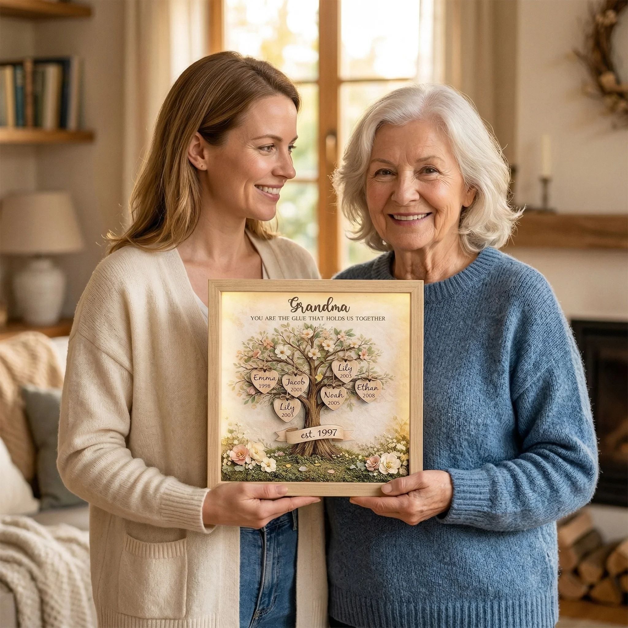 Custom Mom Family Tree With Kids' Names Birth Years LED Light Shadow Box