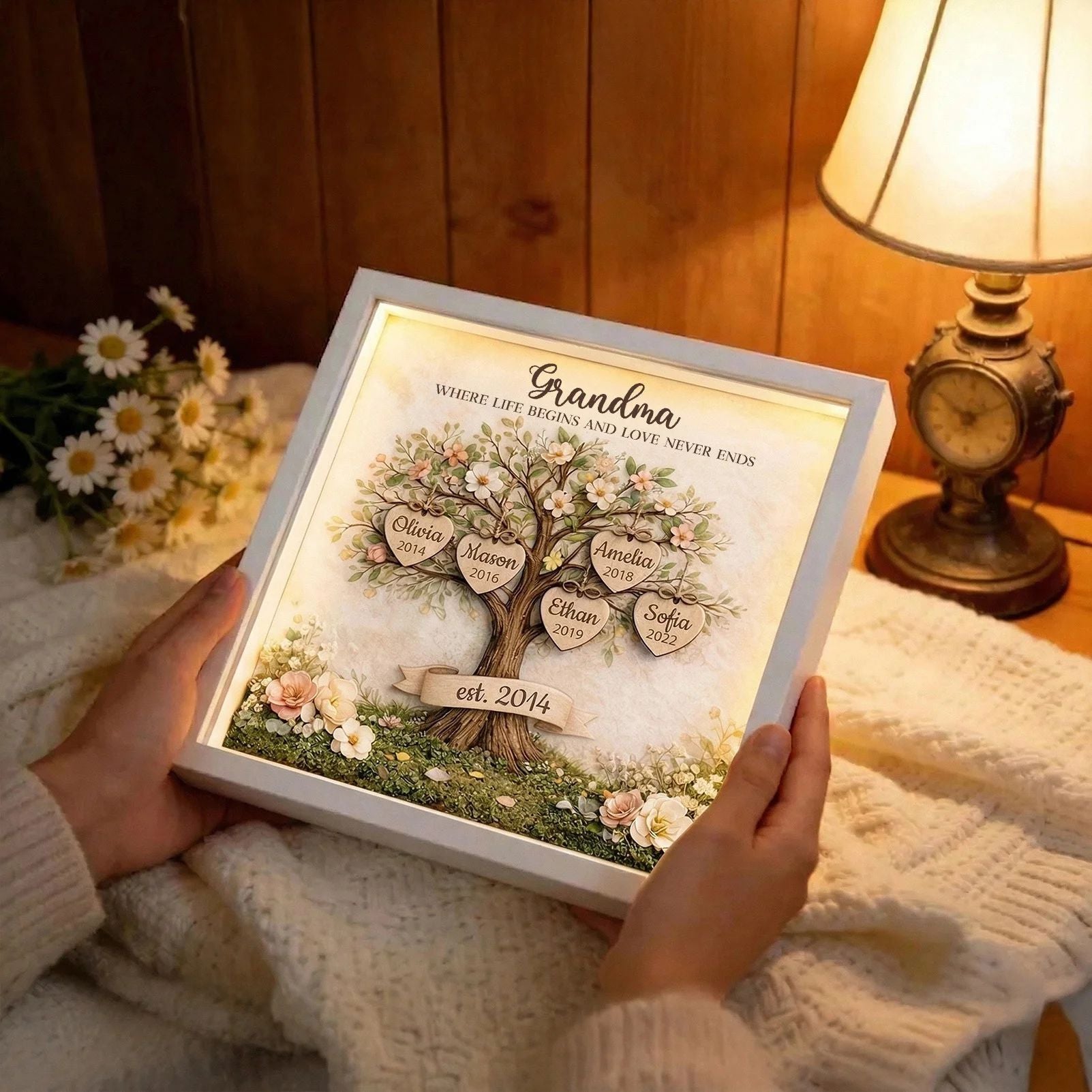 Custom Mom Family Tree With Kids' Names Birth Years LED Light Shadow Box