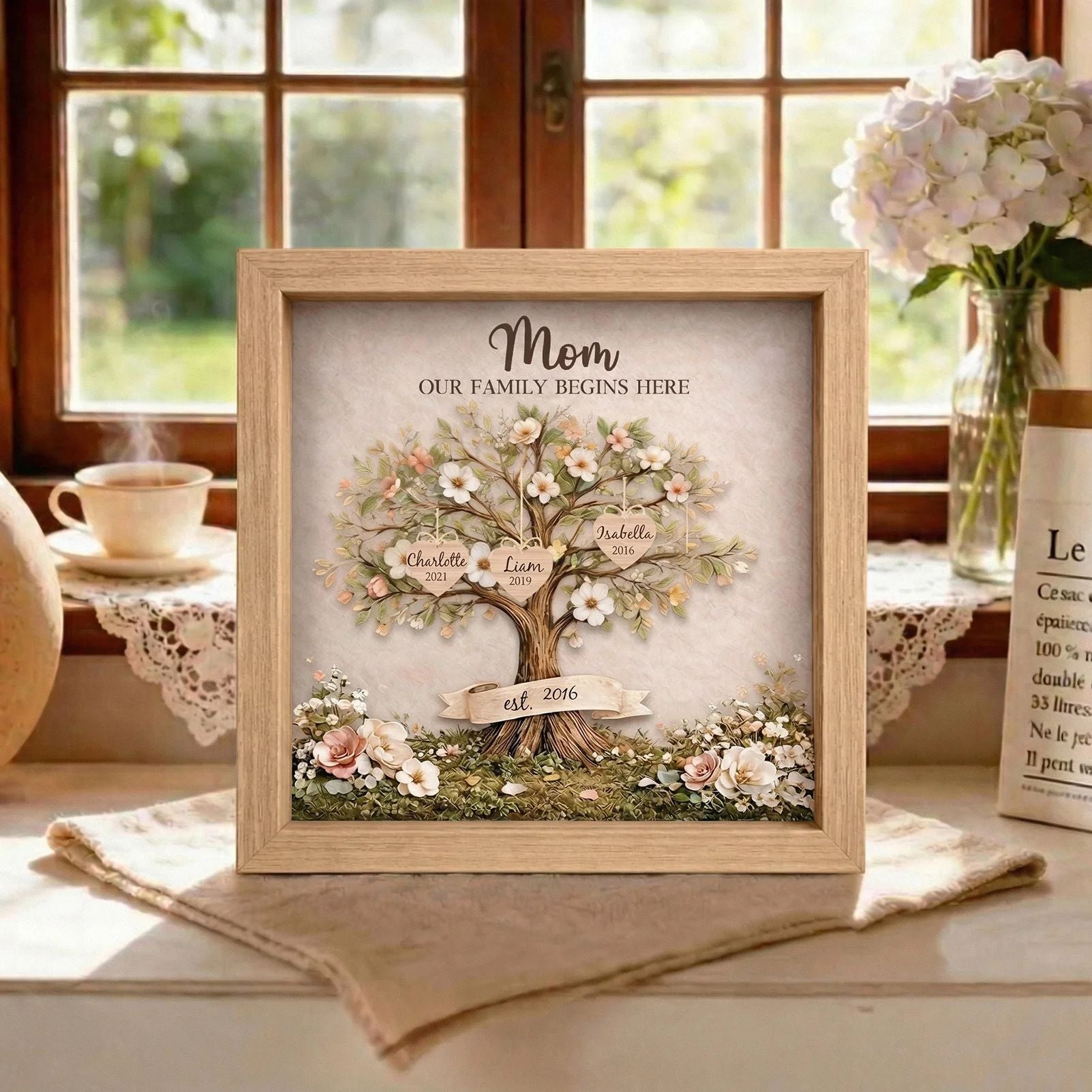 Custom Mom Family Tree With Kids' Names Birth Years LED Light Shadow Box