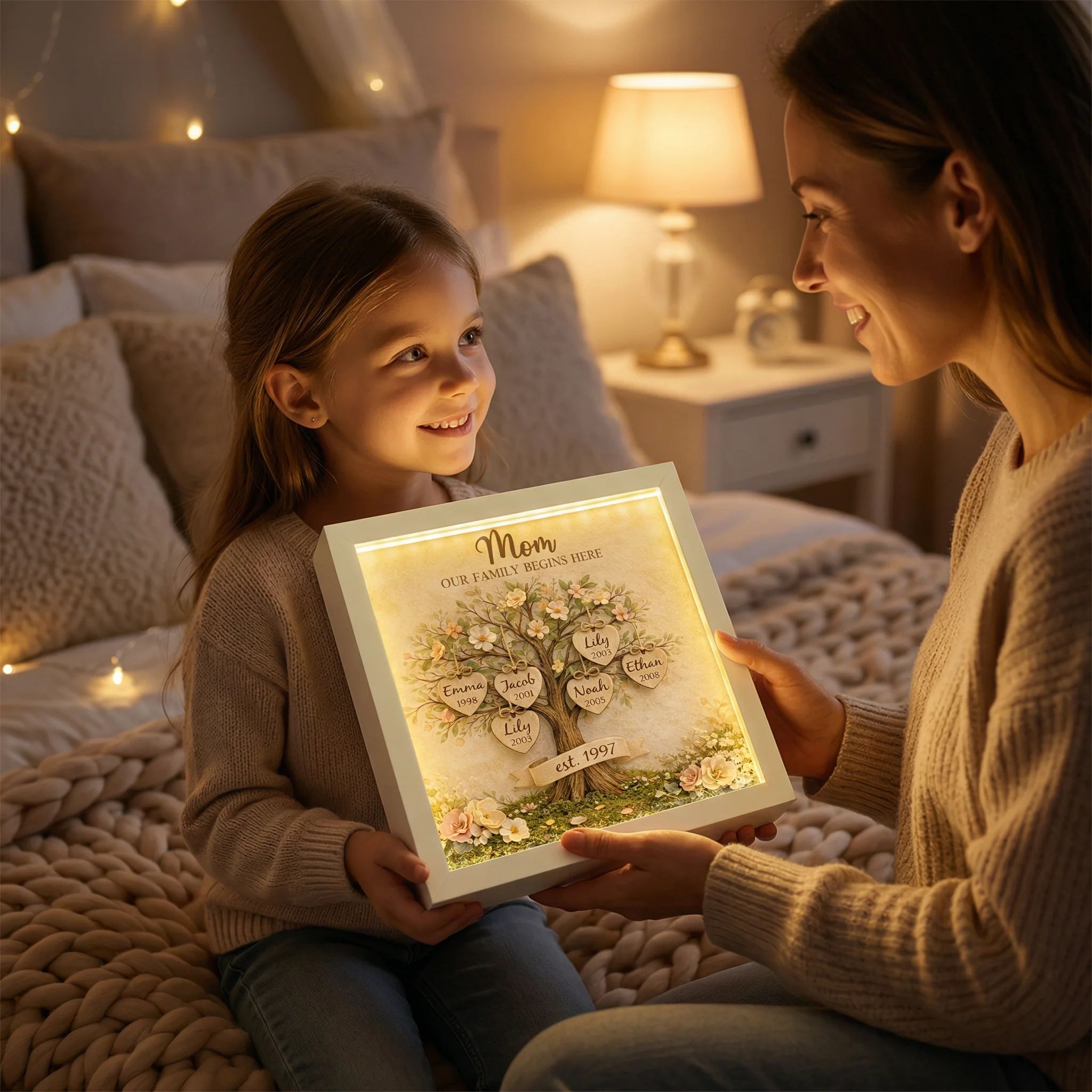 Custom Mom Family Tree With Kids' Names Birth Years LED Light Shadow Box