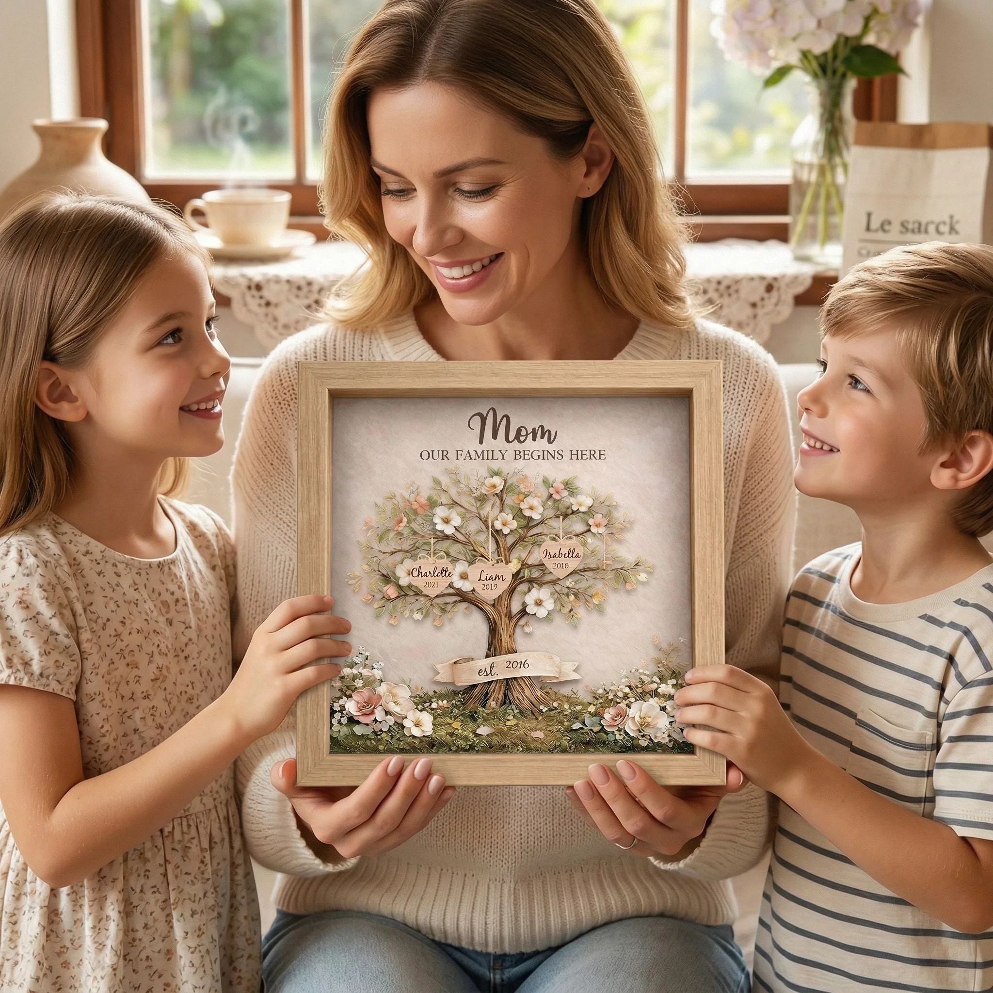 Custom Mom Family Tree With Kids' Names Birth Years LED Light Shadow Box