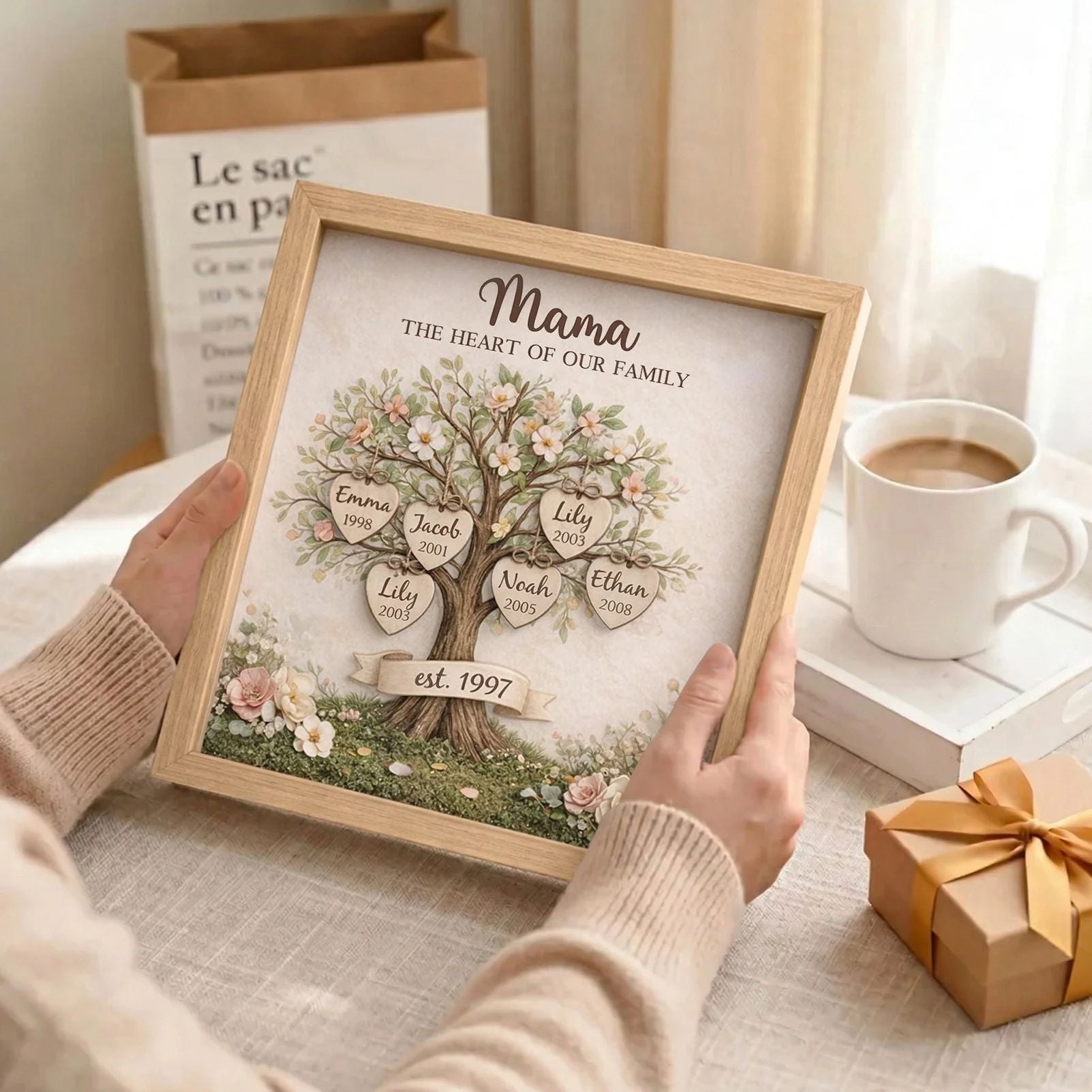 Custom Mom Family Tree With Kids' Names Birth Years LED Light Shadow Box