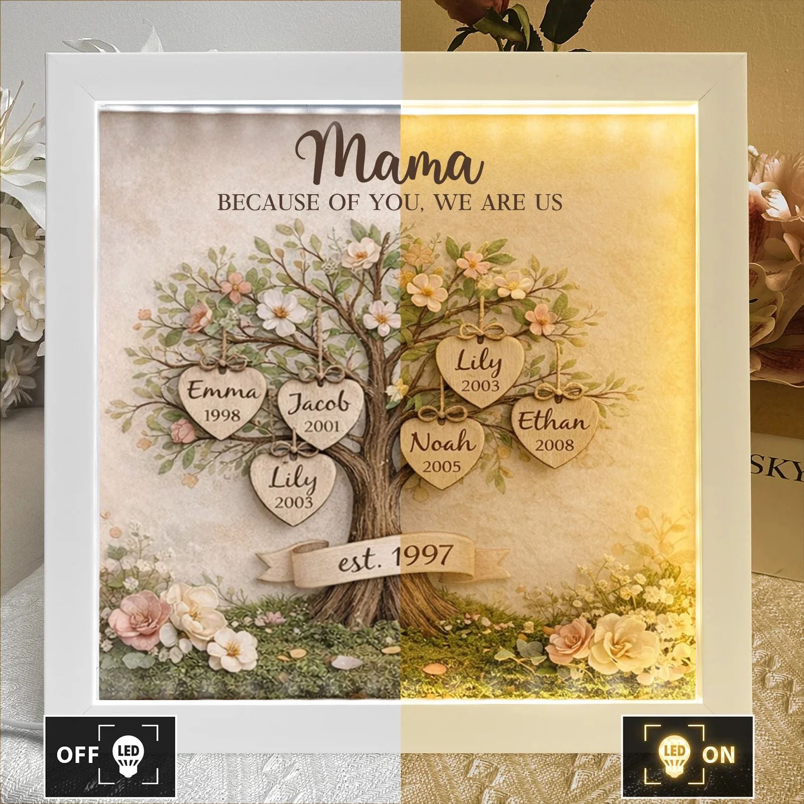 Custom Mom Family Tree With Kids' Names Birth Years LED Light Shadow Box