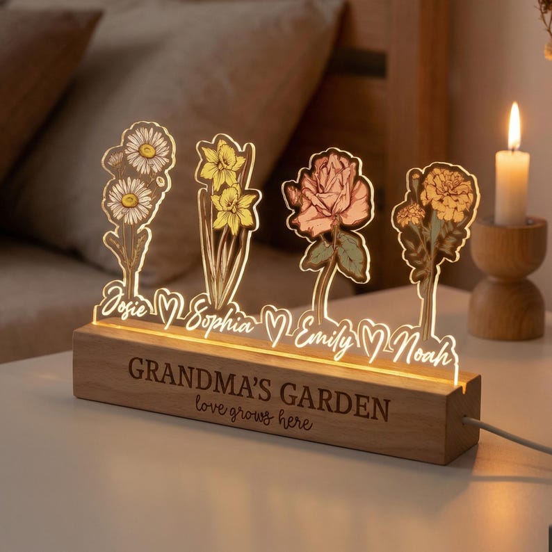 Personalized Grandma’s Garden Birth Flower Night Light – Custom Kids Names Acrylic LED Lamp, Mother’s Day Gift for Grandma & Mom