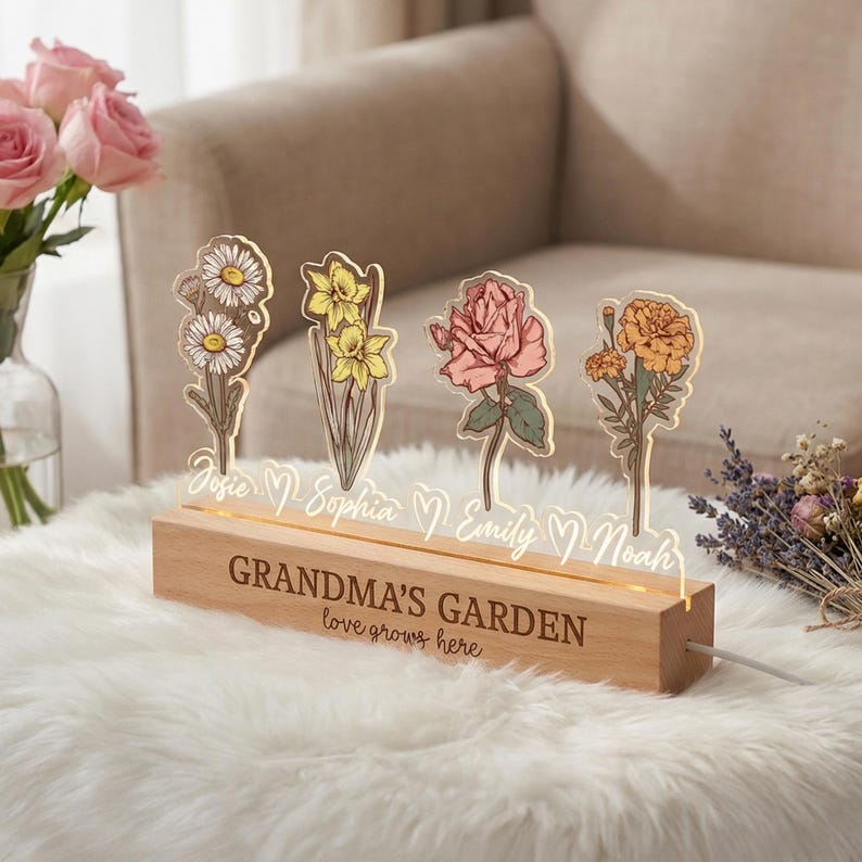 Personalized Grandma’s Garden Birth Flower Night Light – Custom Kids Names Acrylic LED Lamp, Mother’s Day Gift for Grandma & Mom