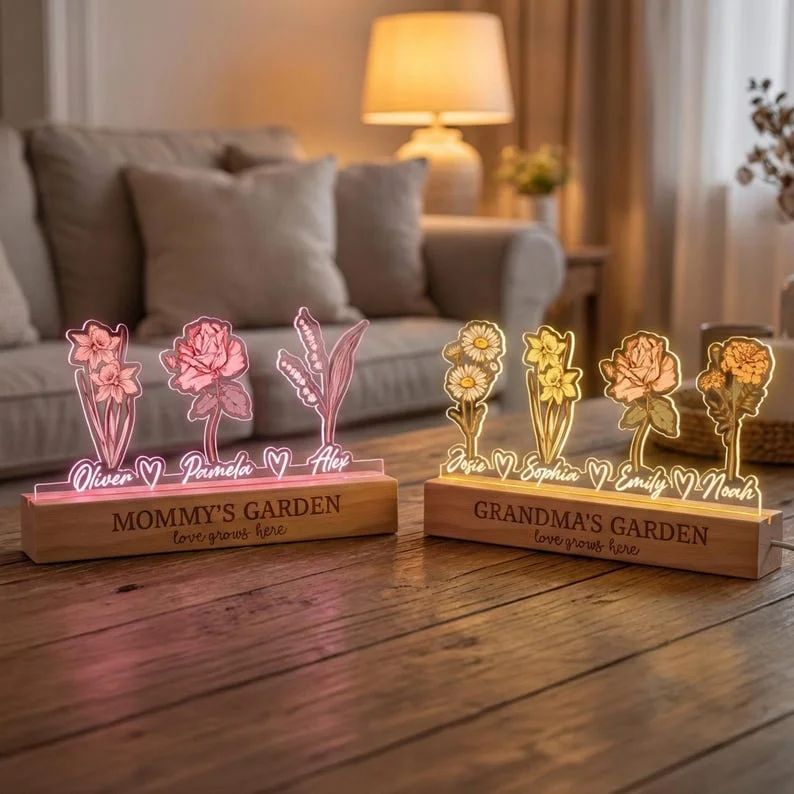 Personalized Grandma’s Garden Birth Flower Night Light – Custom Kids Names Acrylic LED Lamp, Mother’s Day Gift for Grandma & Mom