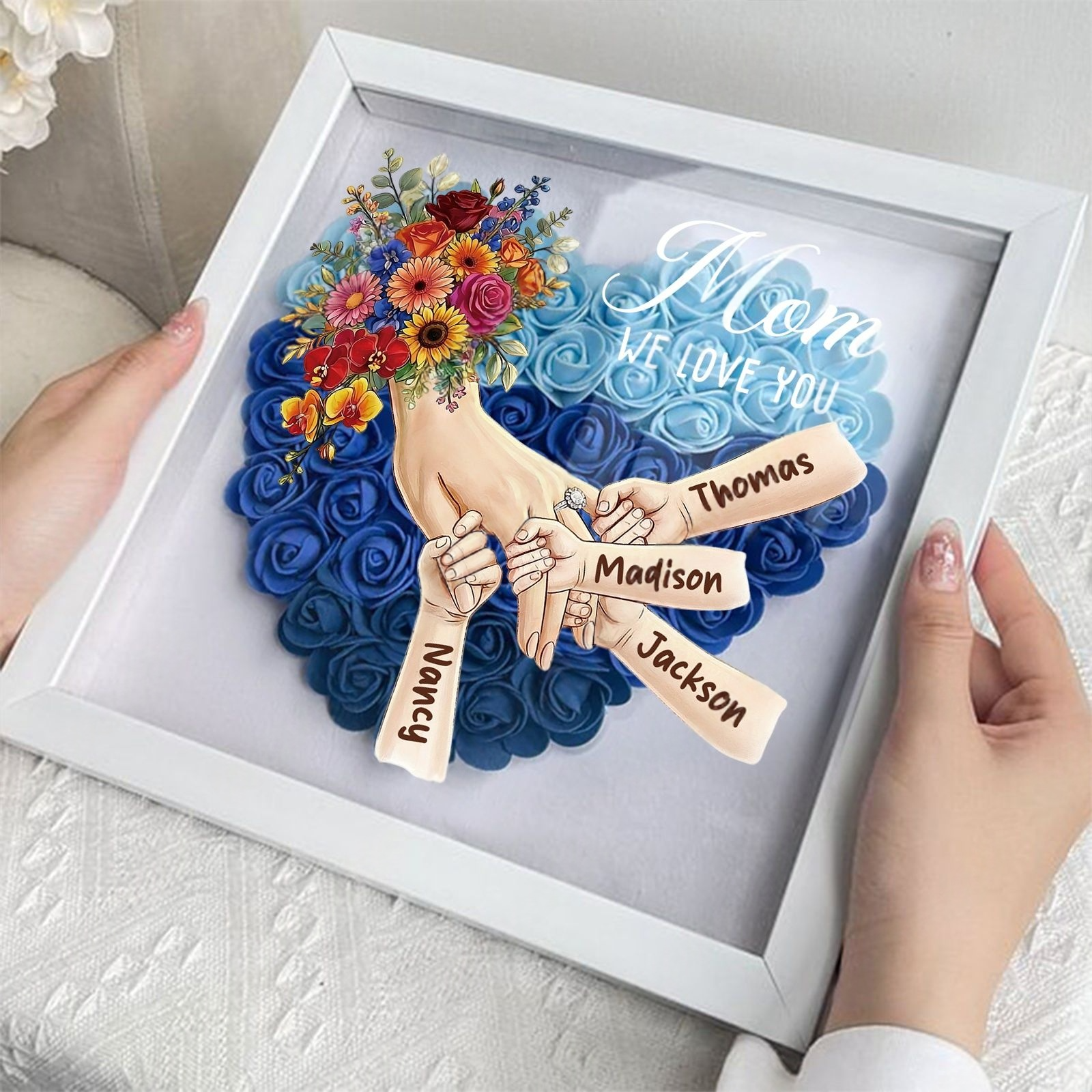 Personalized Mommy Holding Hands Shadow Box with Ring & Manicure – Custom Kids Names & Flower Bouquet Floral Heart Frame, Premium Mother’s Day Gift