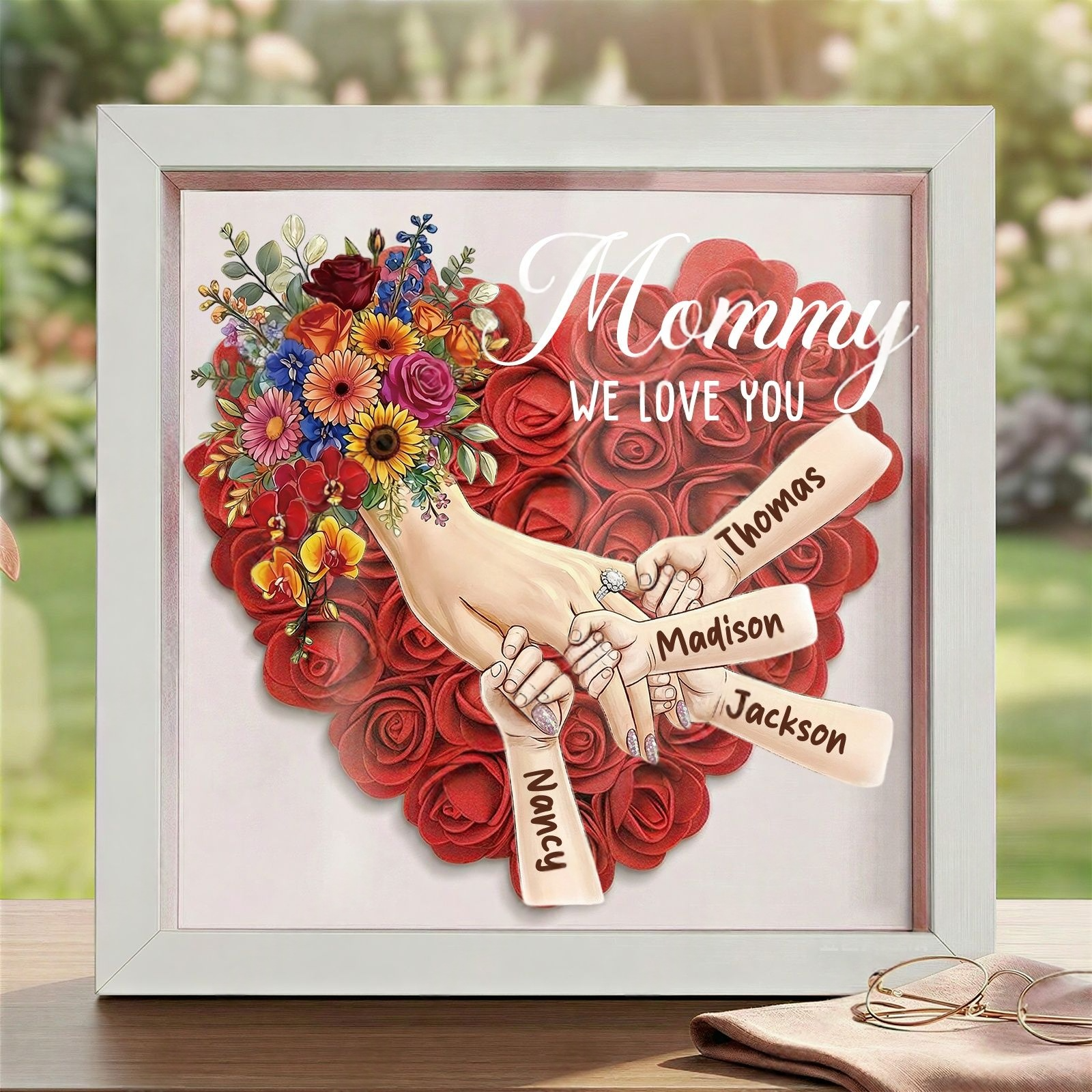 Personalized Mommy Holding Hands Shadow Box with Ring & Manicure – Custom Kids Names & Flower Bouquet Floral Heart Frame, Premium Mother’s Day Gift