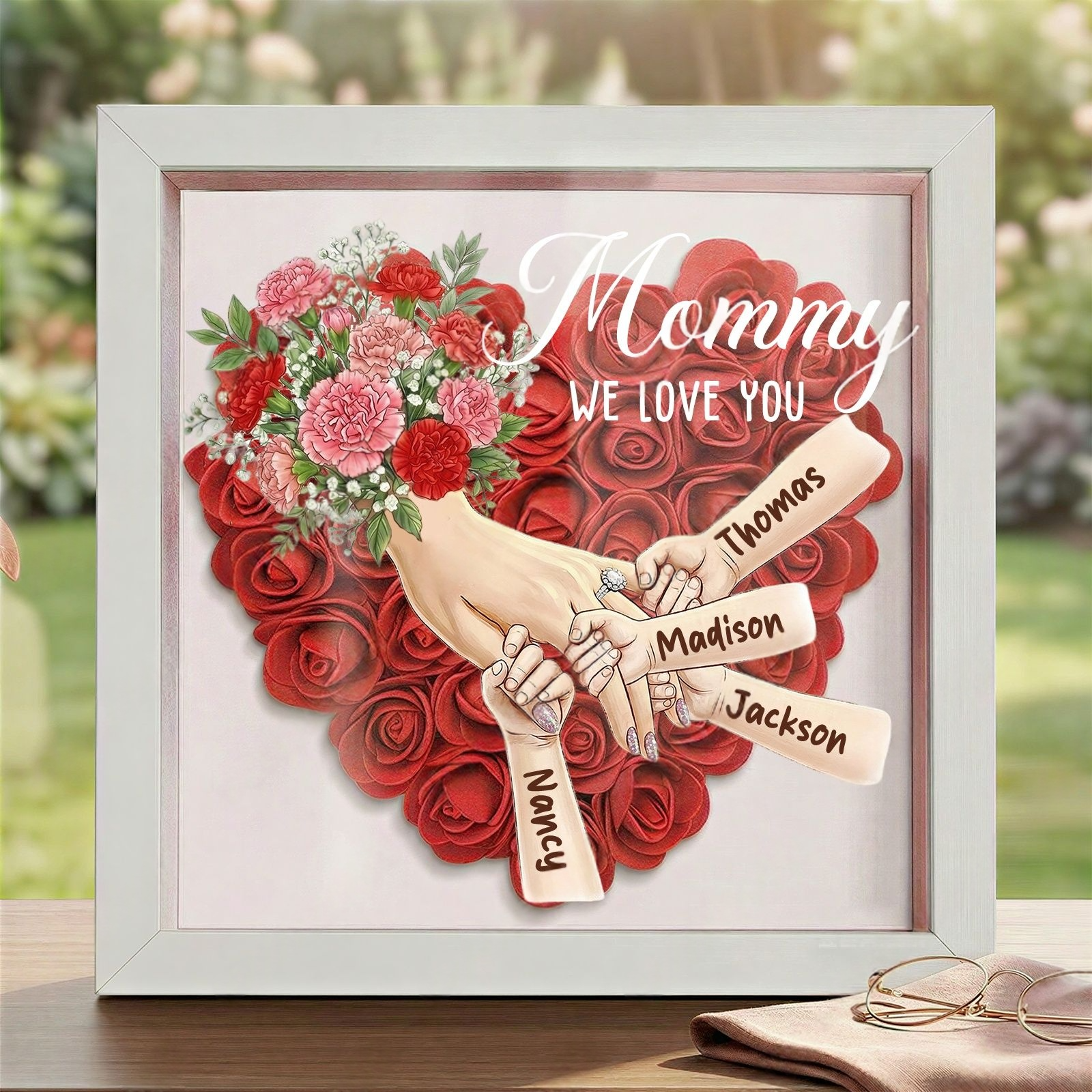 Personalized Mommy Holding Hands Shadow Box with Ring & Manicure – Custom Kids Names & Flower Bouquet Floral Heart Frame, Premium Mother’s Day Gift