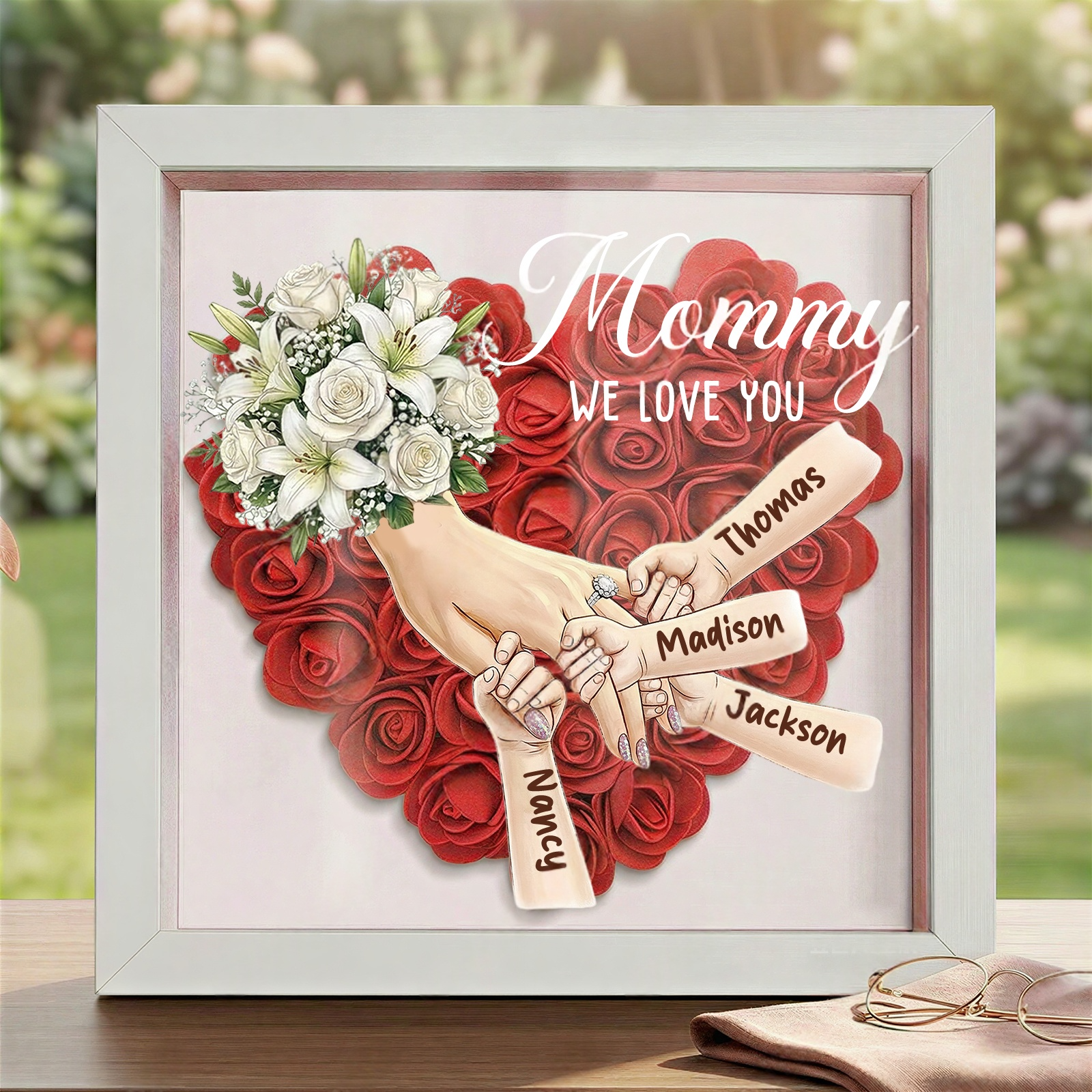 Personalized Mommy Holding Hands Shadow Box with Ring & Manicure – Custom Kids Names & Flower Bouquet Floral Heart Frame, Premium Mother’s Day Gift